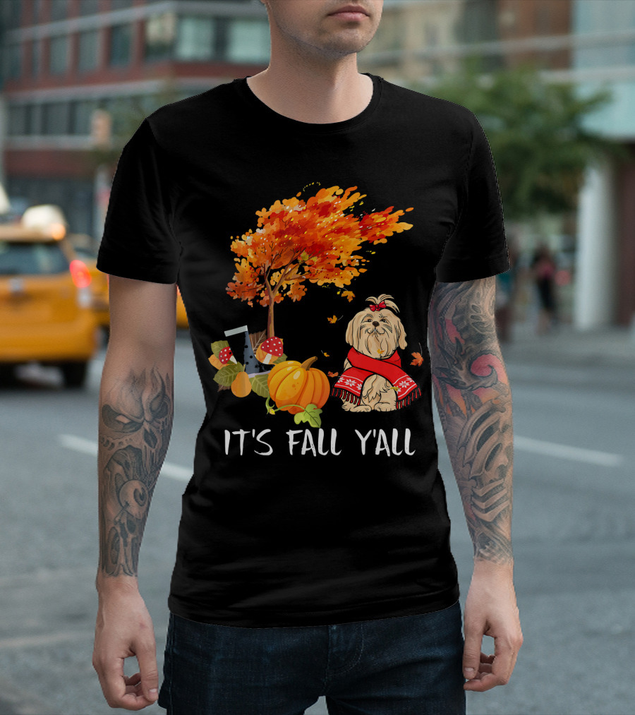 It's Fall Y'all Maltese Dog With Pumpkin And Autumn Tree T-Shirt