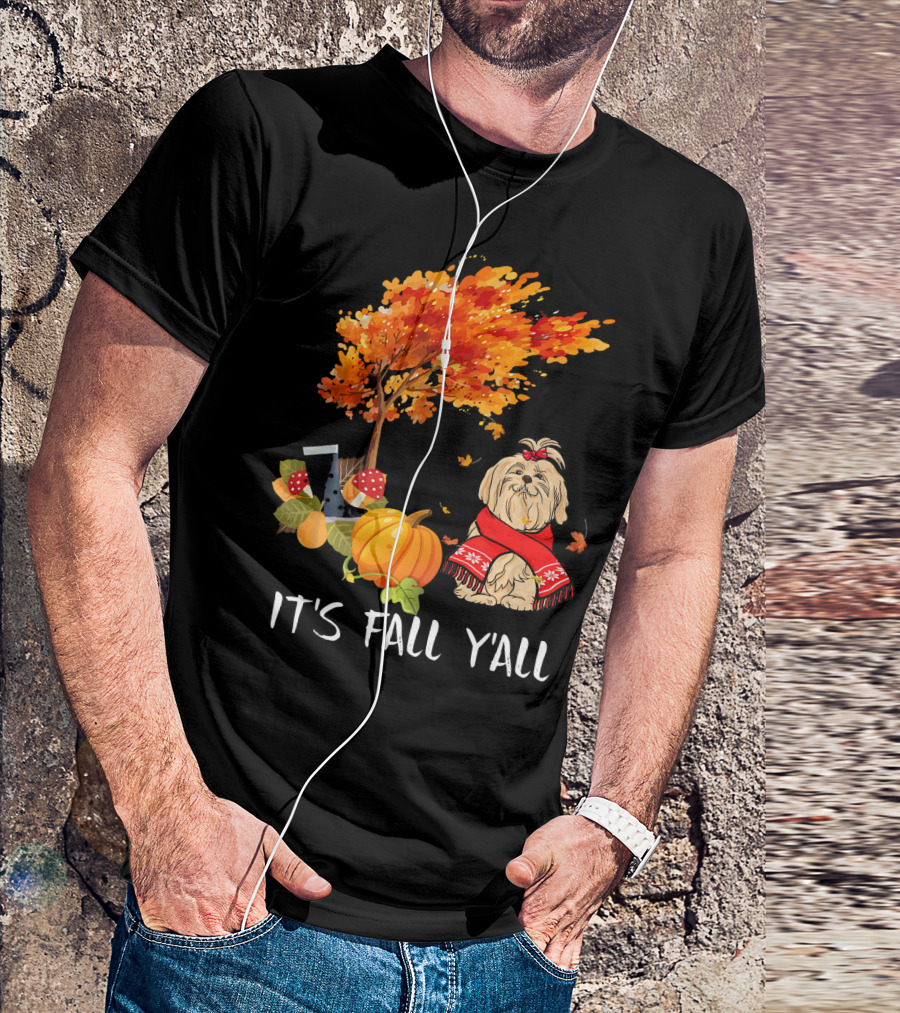 It's Fall Y'all Maltese Dog With Pumpkin And Autumn Tree T-Shirt