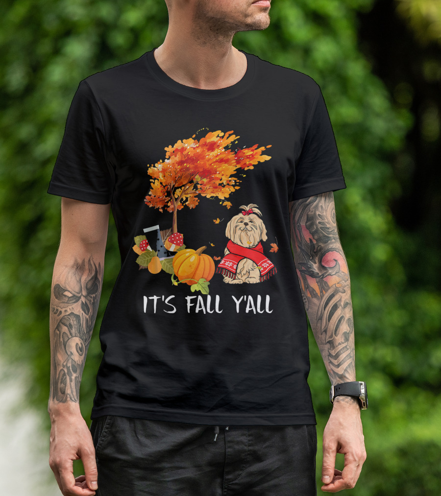 It's Fall Y'all Maltese Dog With Pumpkin And Autumn Tree T-Shirt