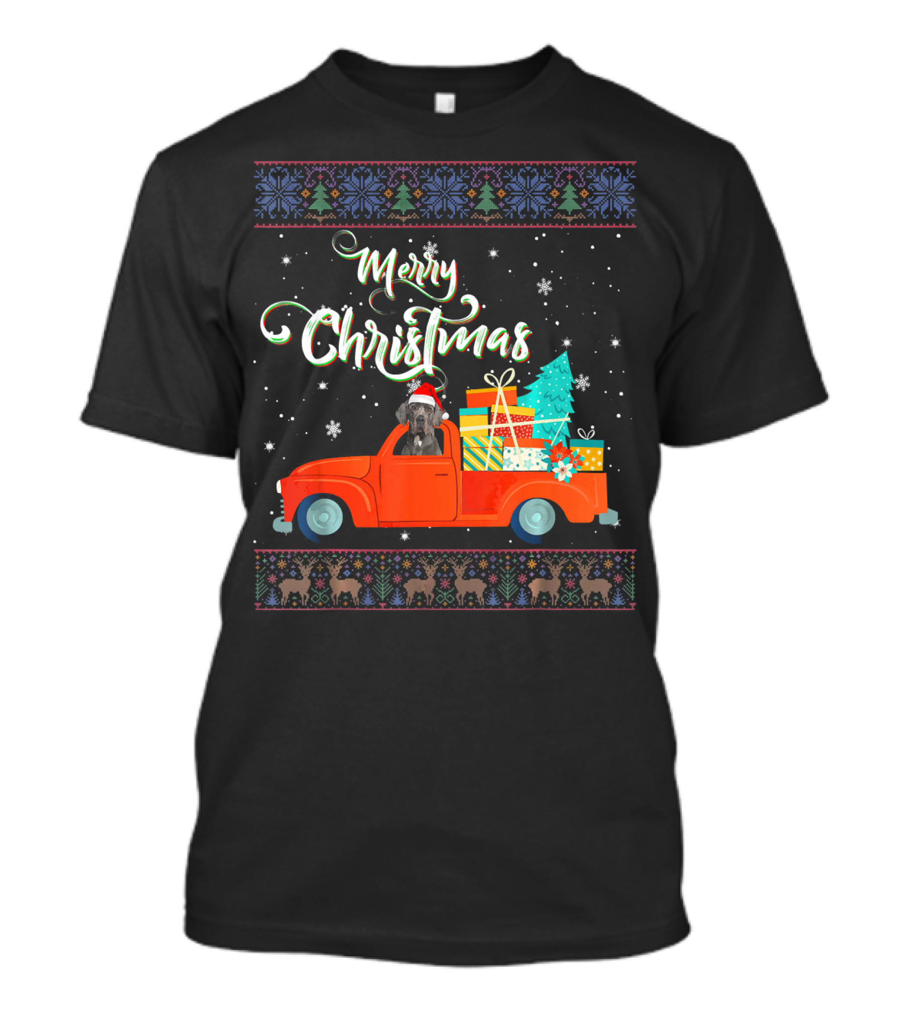 Merry Christmas Great Dane In Red Truck With Gifts And Christmas Tree T-Shirt