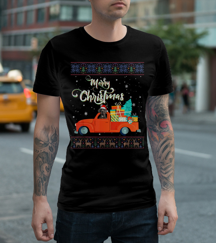 Merry Christmas Great Dane In Red Truck With Gifts And Christmas Tree T-Shirt
