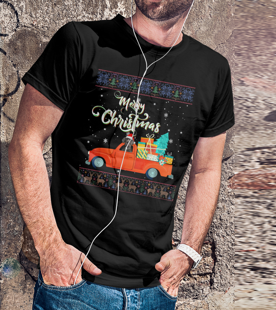 Merry Christmas Great Dane In Red Truck With Gifts And Christmas Tree T-Shirt