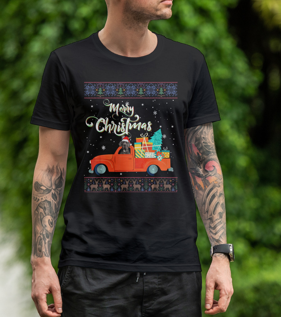 Merry Christmas Great Dane In Red Truck With Gifts And Christmas Tree T-Shirt