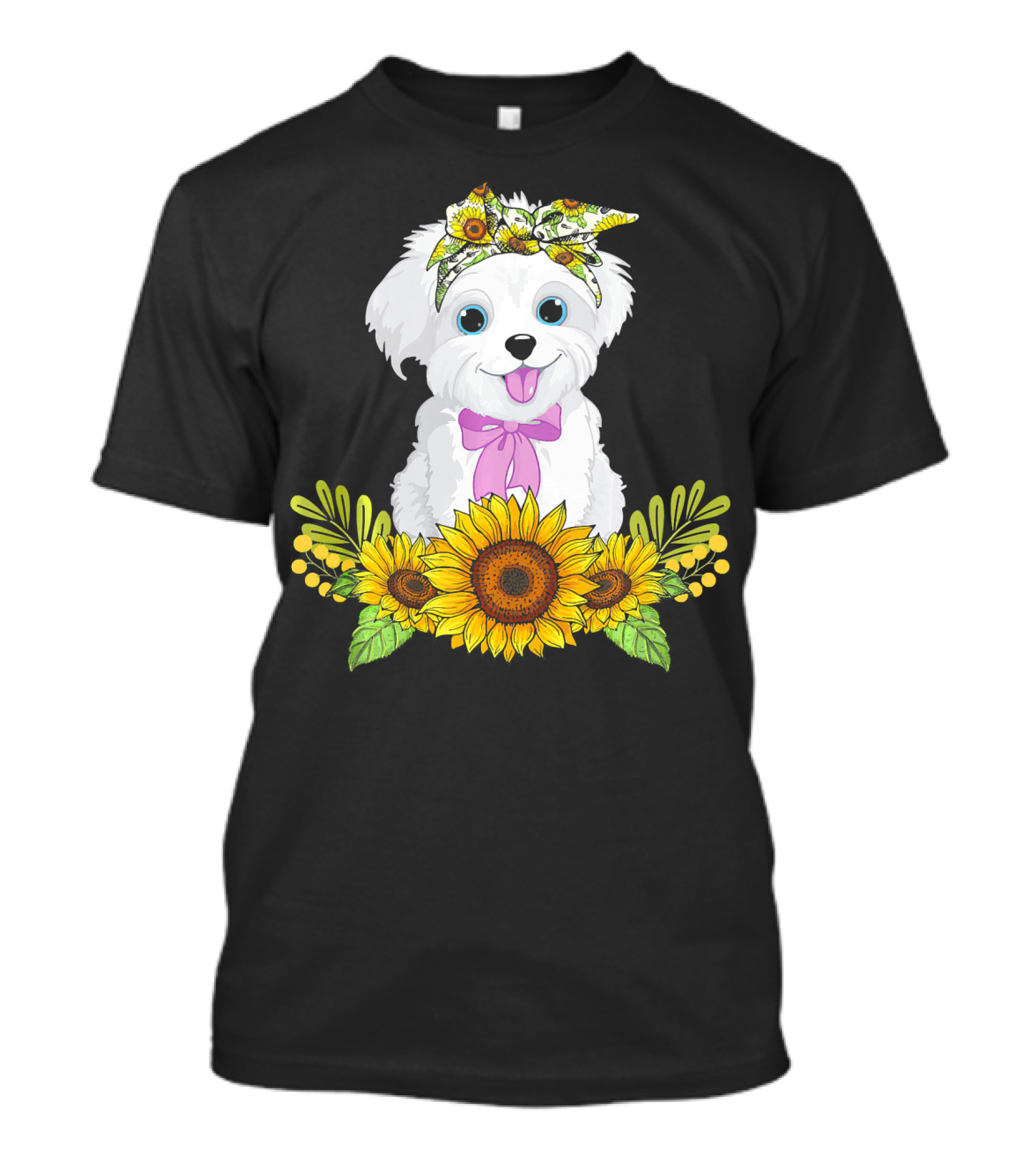 Maltese Sunflower Dog With Bandana And Bow Surrounded By Sunflowers T-Shirt