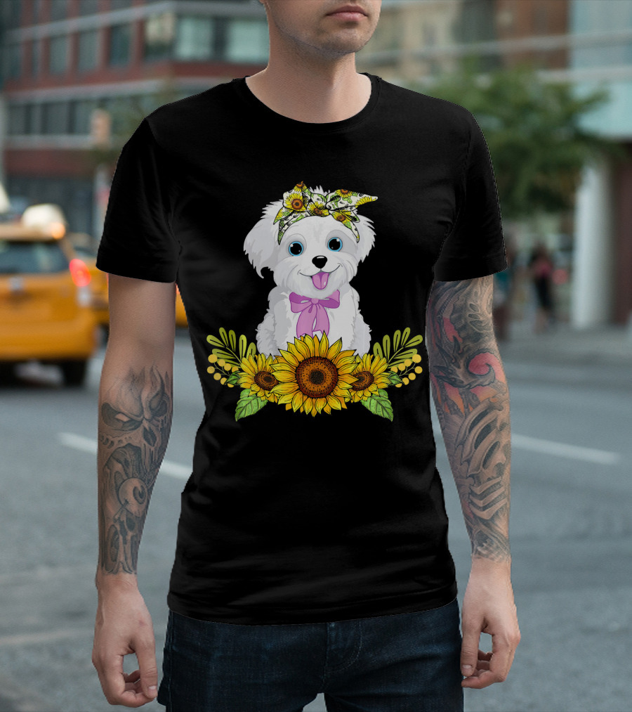 Maltese Sunflower Dog With Bandana And Bow Surrounded By Sunflowers T-Shirt