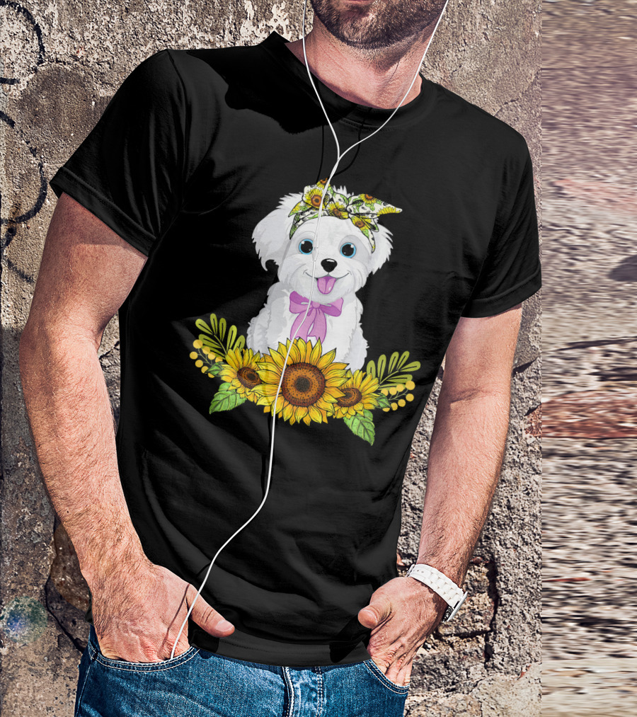Maltese Sunflower Dog With Bandana And Bow Surrounded By Sunflowers T-Shirt