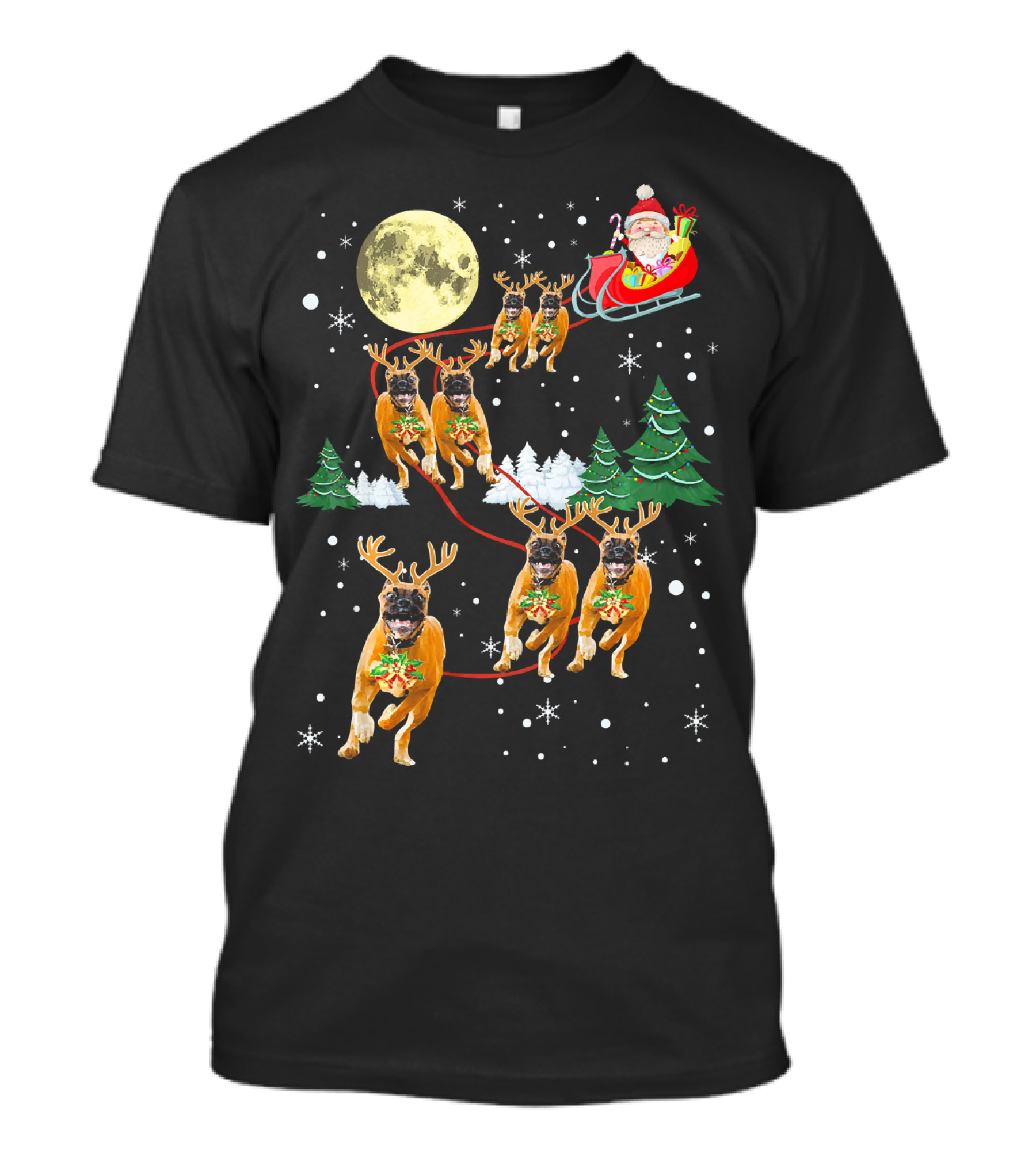 Santa Sleigh With Funny Reindeer Boxer Dogs Under Full Moon Christmas Scene T-Shirt