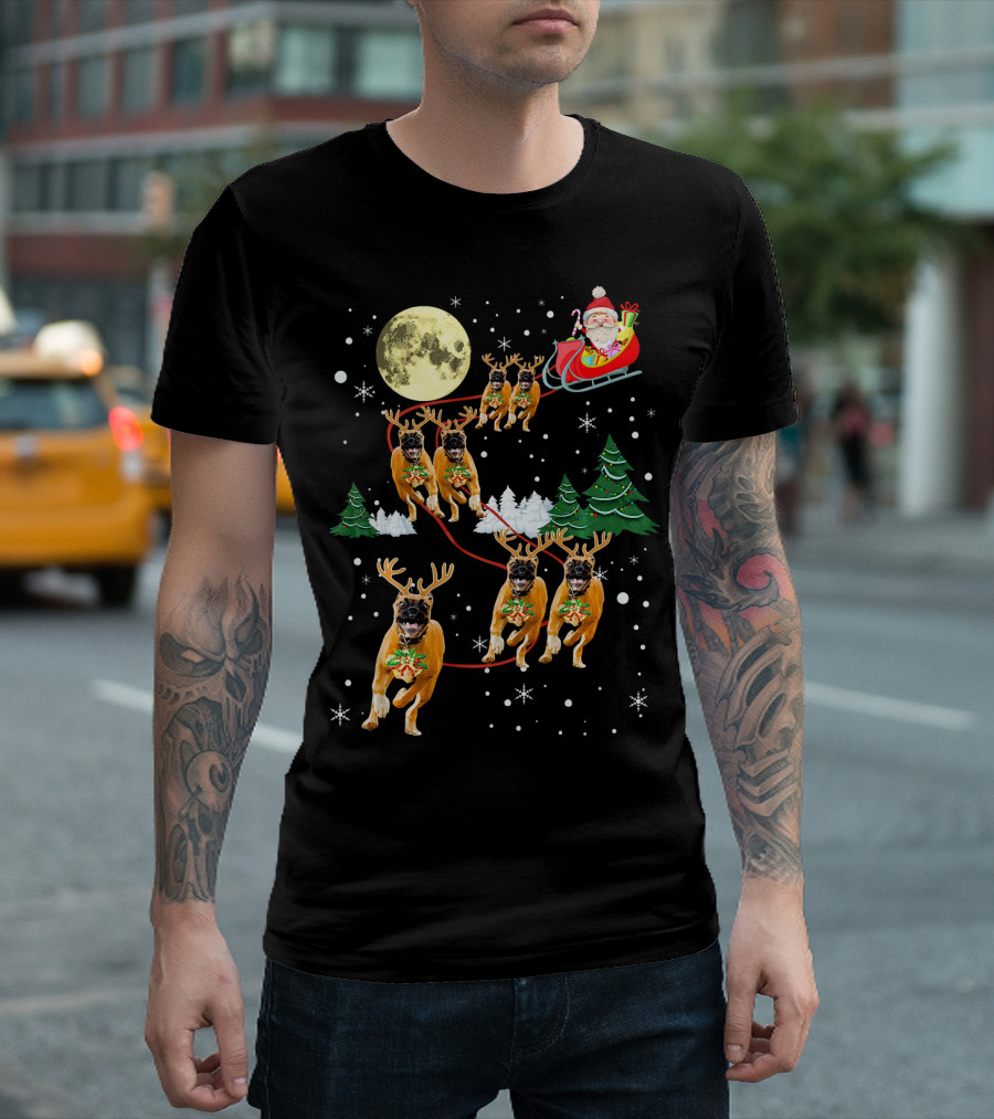 Santa Sleigh With Funny Reindeer Boxer Dogs Under Full Moon Christmas Scene T-Shirt