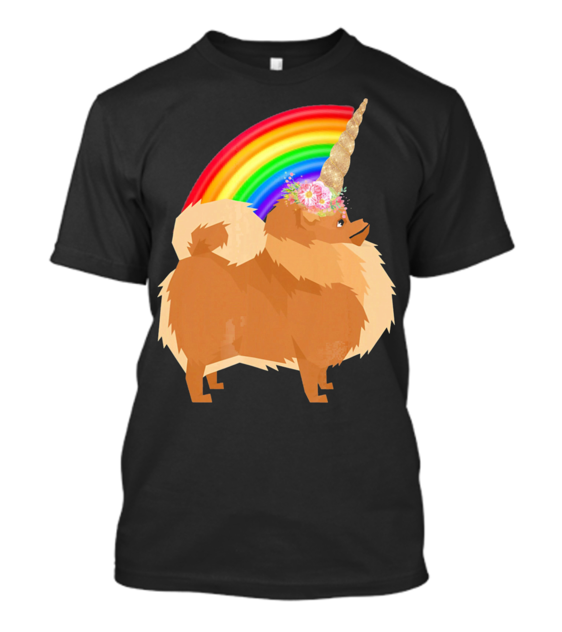 Pomeranian Dog With Rainbow Unicorn Horn And Flowers T-Shirt