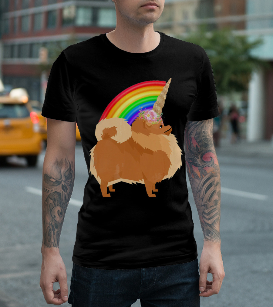 Pomeranian Dog With Rainbow Unicorn Horn And Flowers T-Shirt