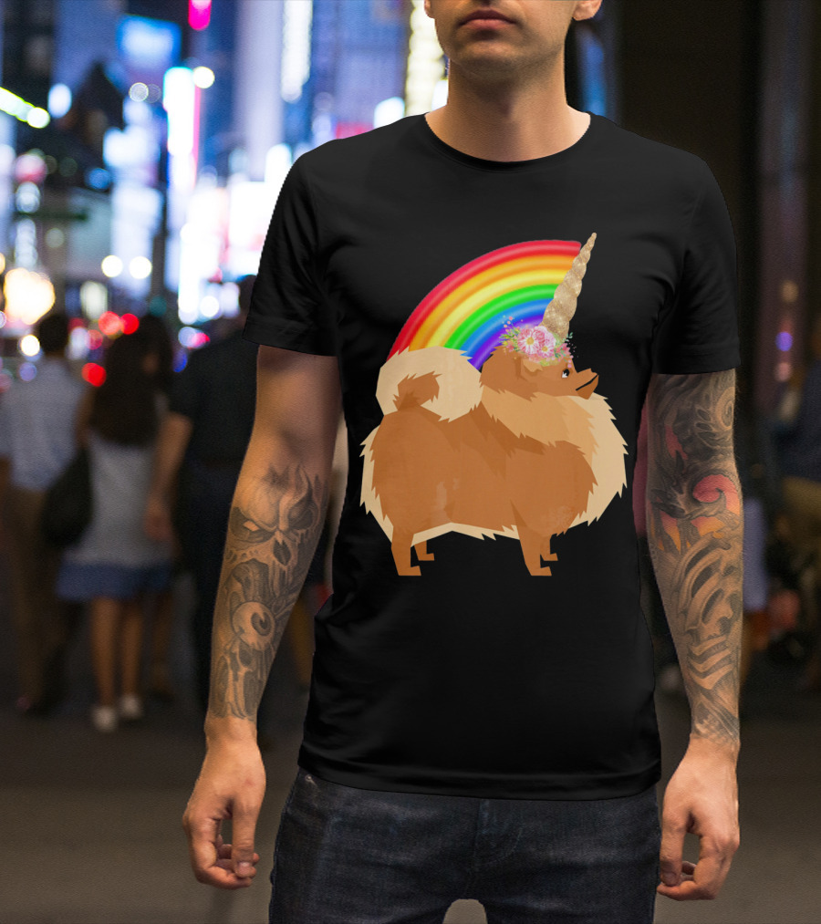 Pomeranian Dog With Rainbow Unicorn Horn And Flowers T-Shirt