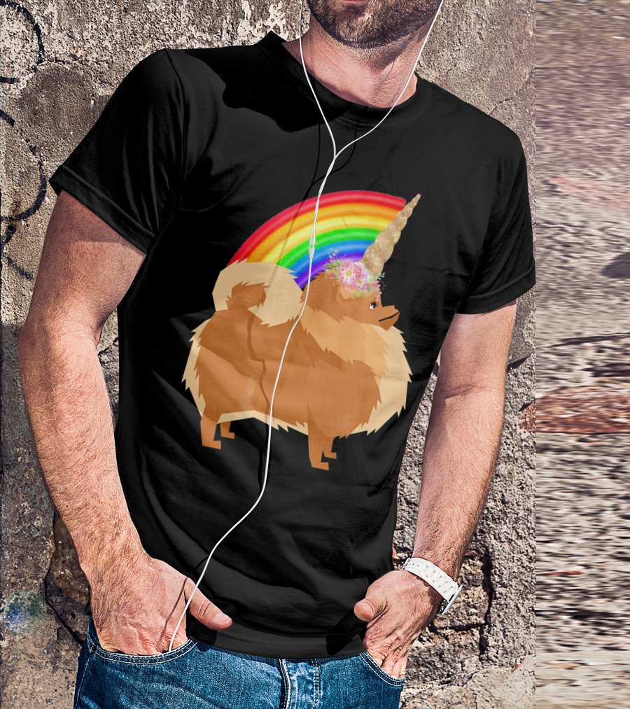 Pomeranian Dog With Rainbow Unicorn Horn And Flowers T-Shirt