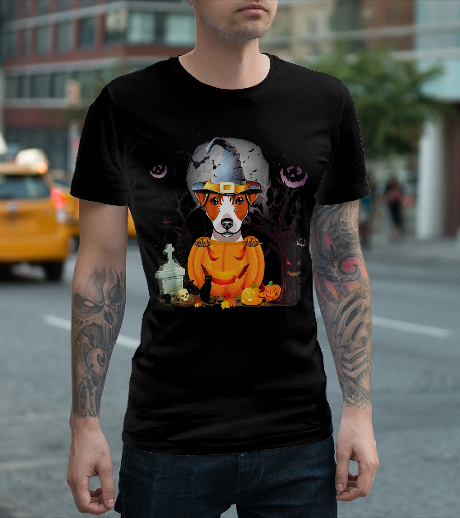 Jack Russell Dog Witch Hat Halloween Pumpkin T-Shirt