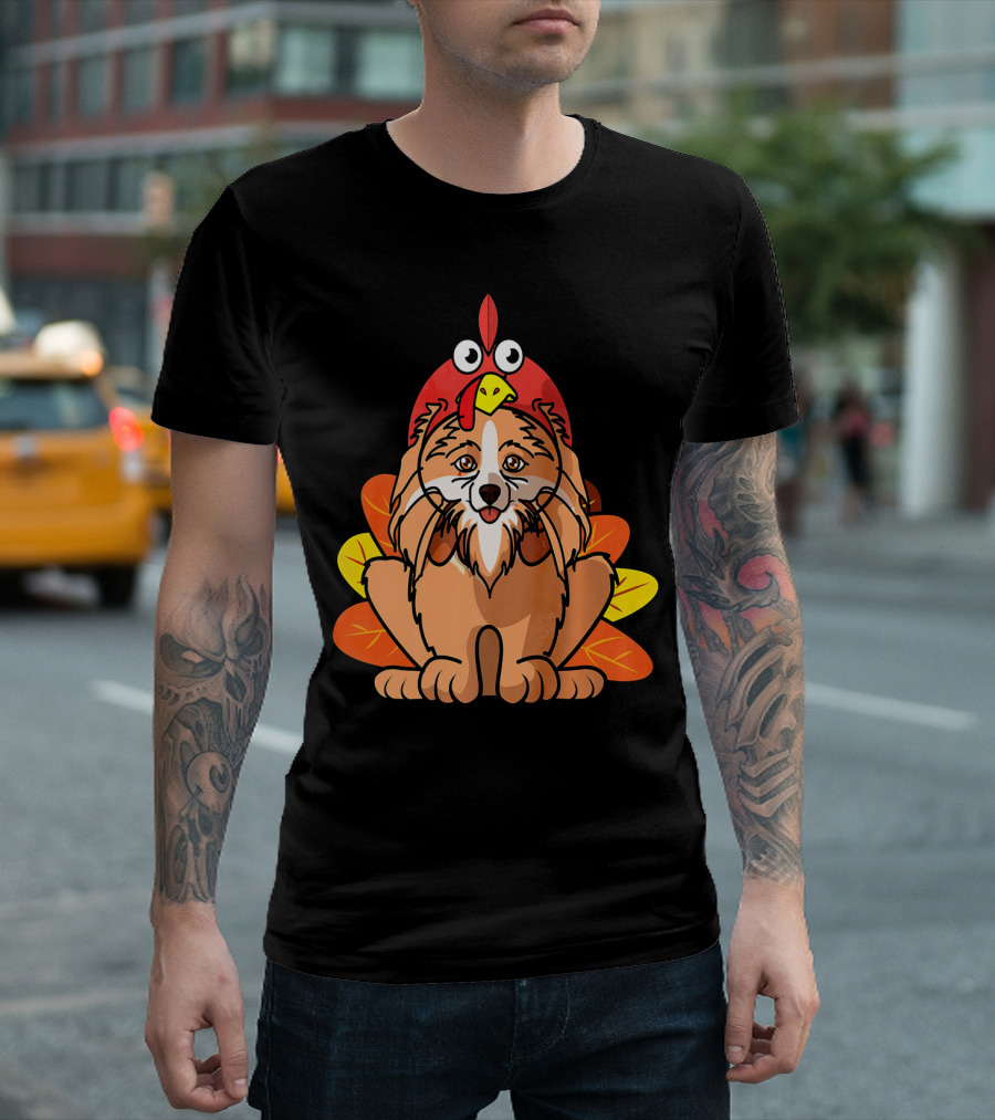 Thanksgiving Pomeranian with Turkey Costume and Colorful Feathers T-Shirt