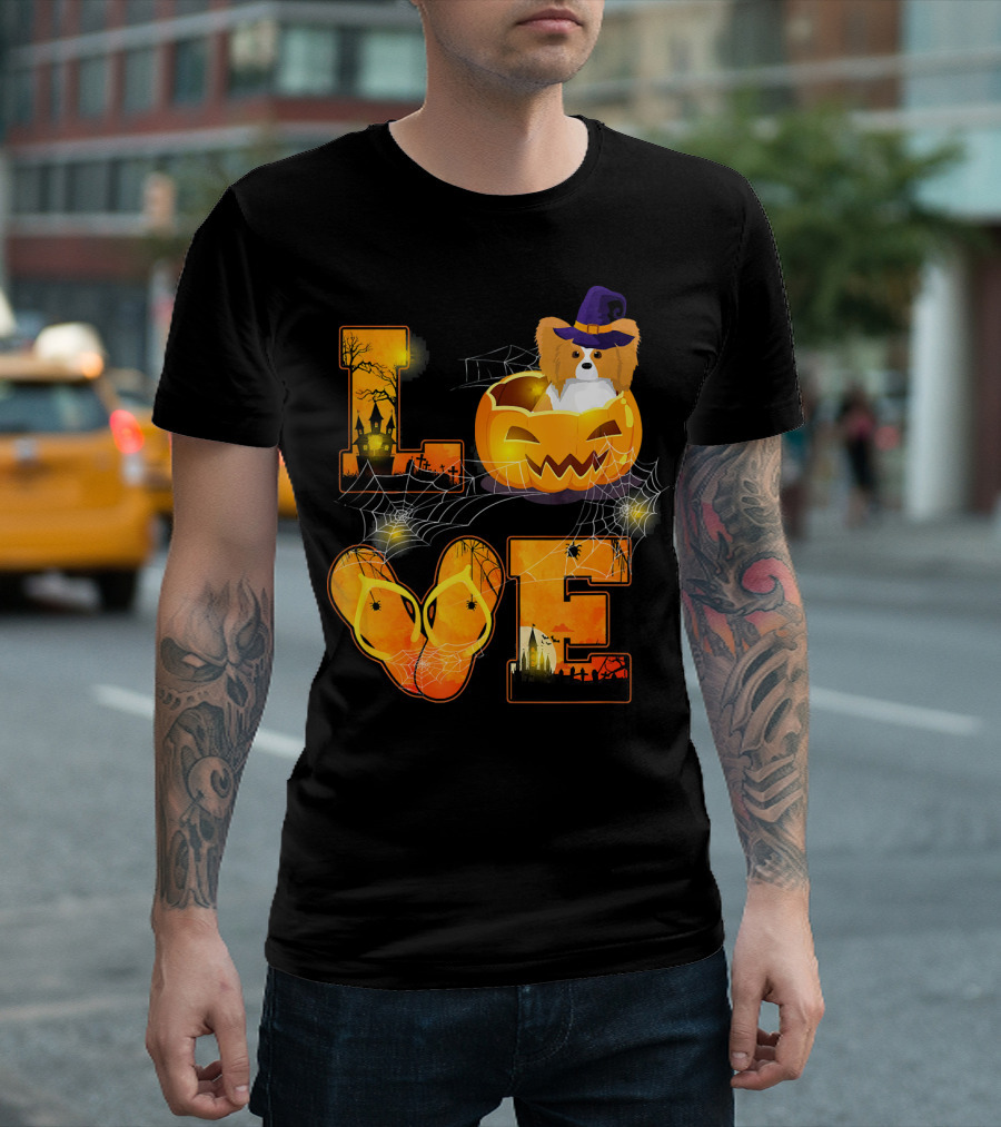Love Papillon Halloween Pumpkin Spider Webs T-Shirt