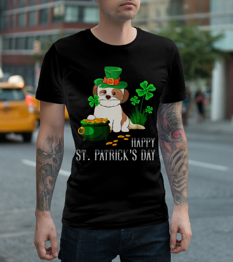 Happy St Patricks Day Shih Tzu with Leprechaun Hat and Pot of Gold T-Shirt