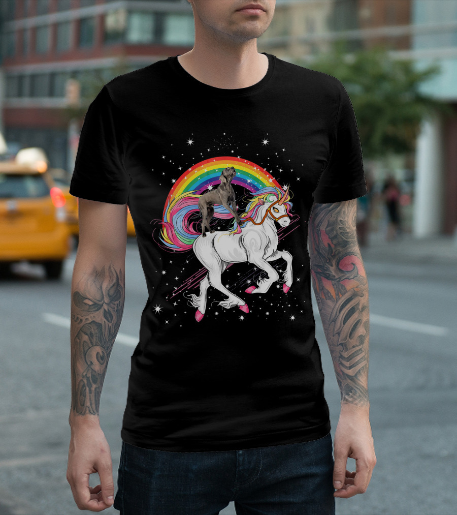 Great Dane Riding Unicorn Under Rainbow in Space Galaxy T-Shirt