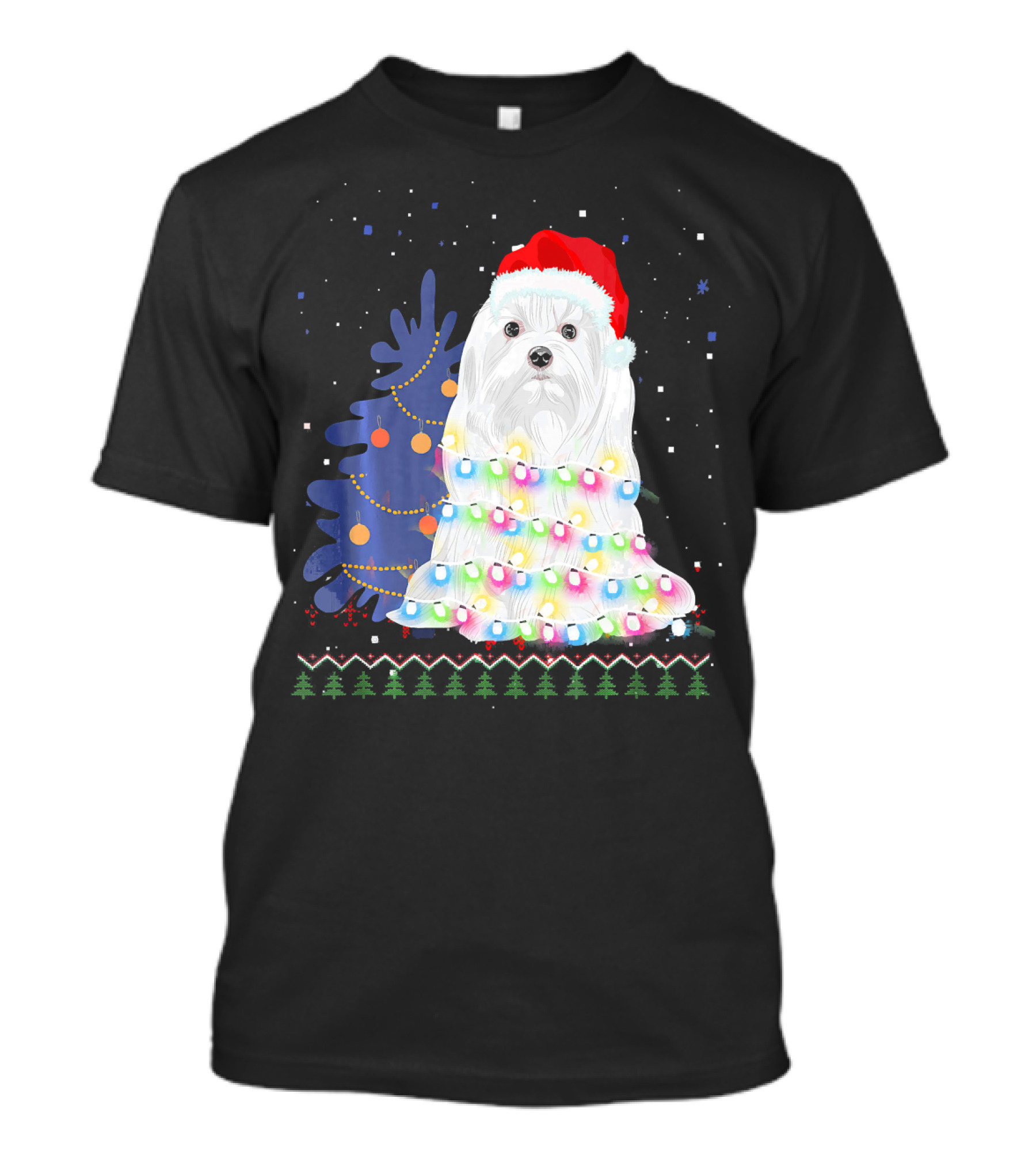 Maltese Christmas Tree Lights With Santa Hat And Festive Background T-Shirt