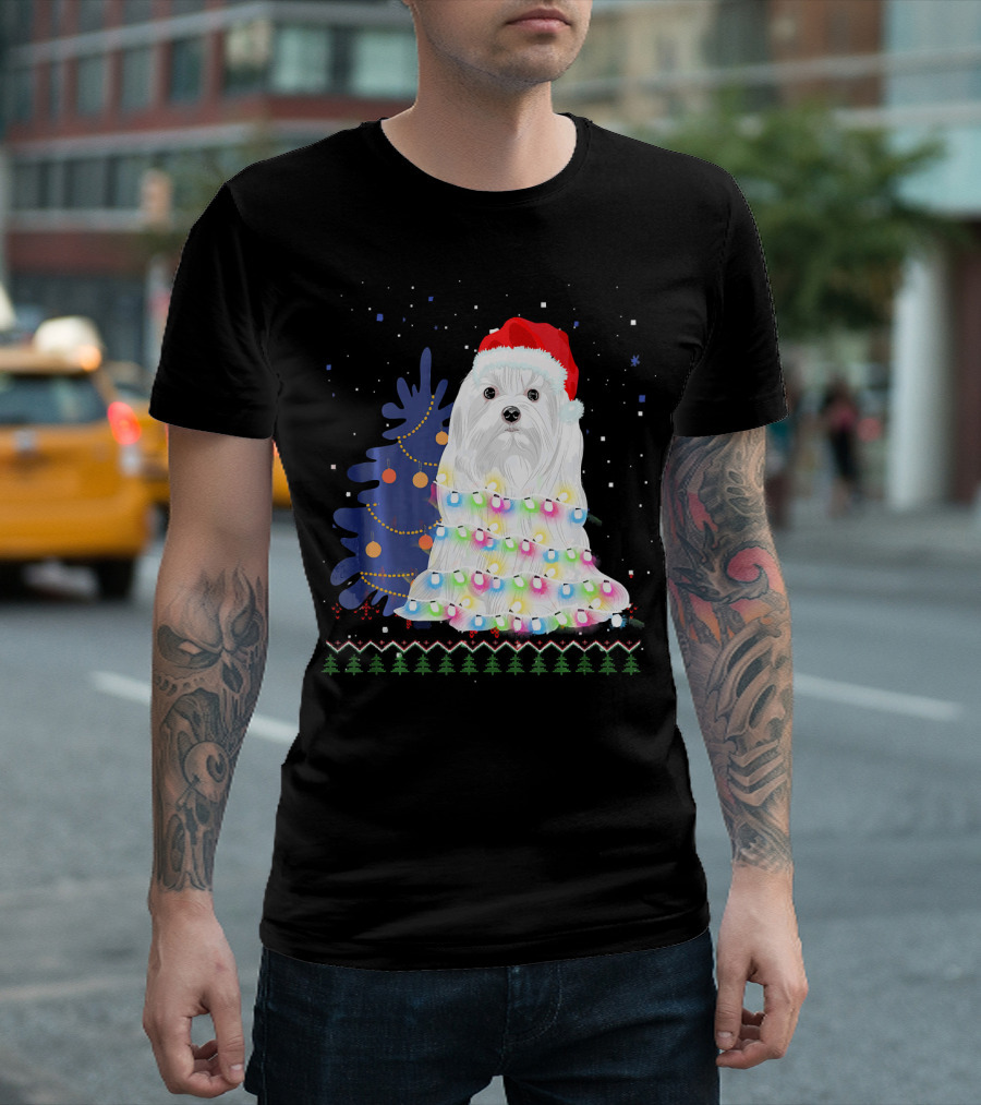 Maltese Christmas Tree Lights With Santa Hat And Festive Background T-Shirt