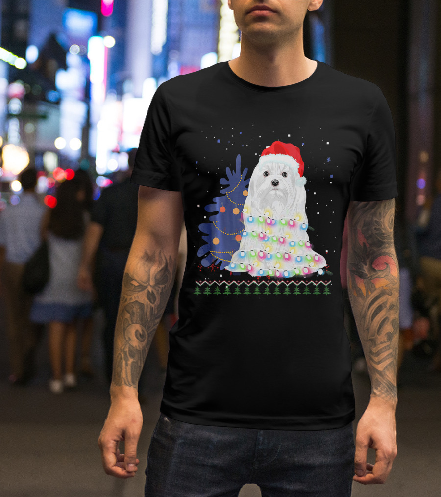 Maltese Christmas Tree Lights With Santa Hat And Festive Background T-Shirt