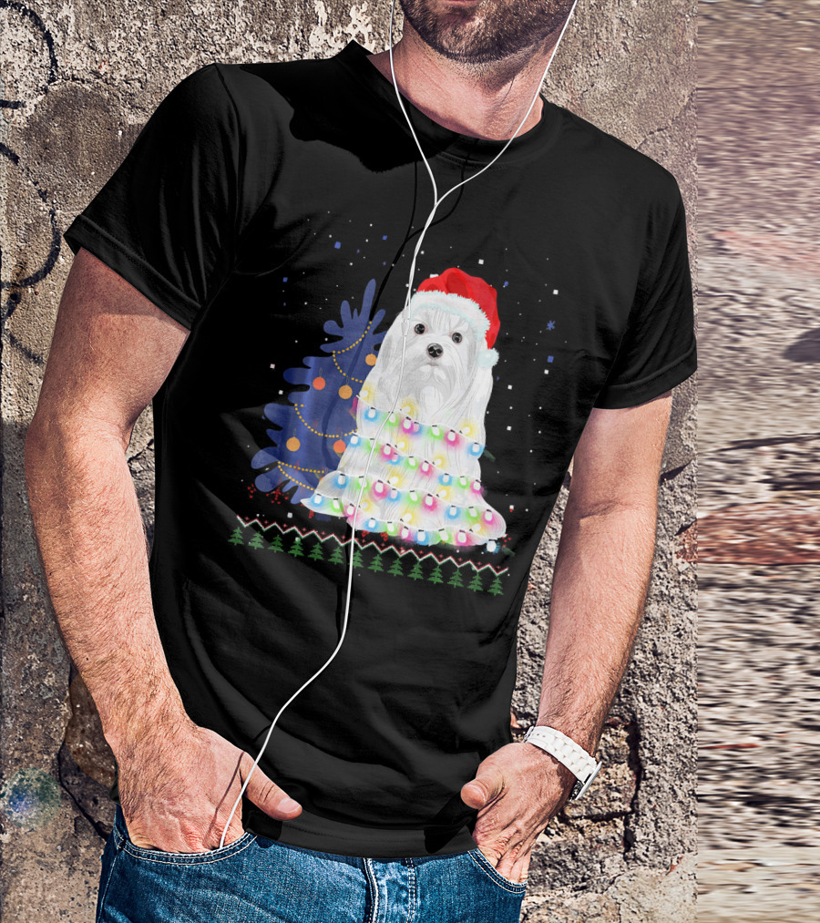 Maltese Christmas Tree Lights With Santa Hat And Festive Background T-Shirt