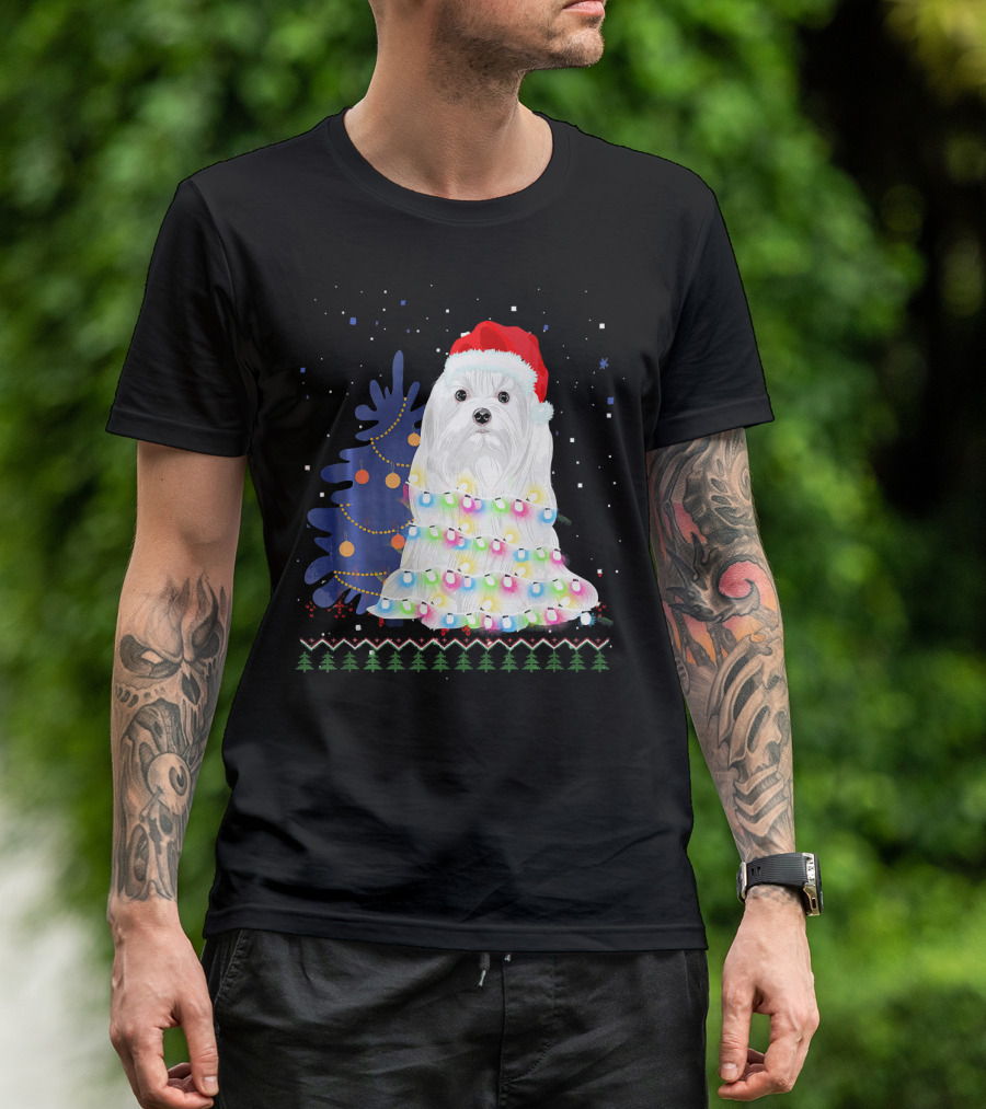 Maltese Christmas Tree Lights With Santa Hat And Festive Background T-Shirt