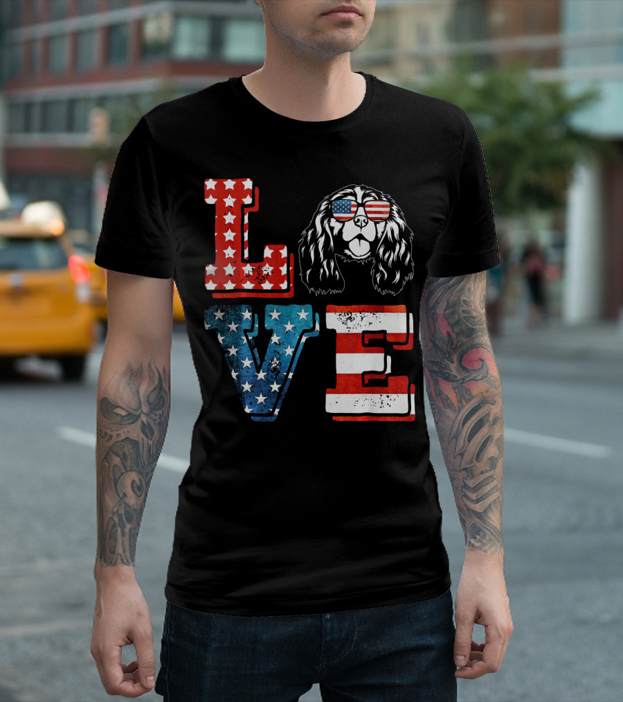 LOVE Cavalier King Charles Spaniel American Flag USA Stars Stripes Sunglasses T-Shirt