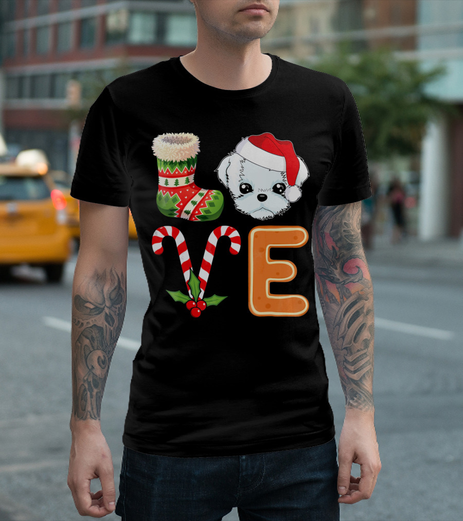 Maltese Lover Xmas Stocking Santa Candy Canes Gingerbread T-Shirt