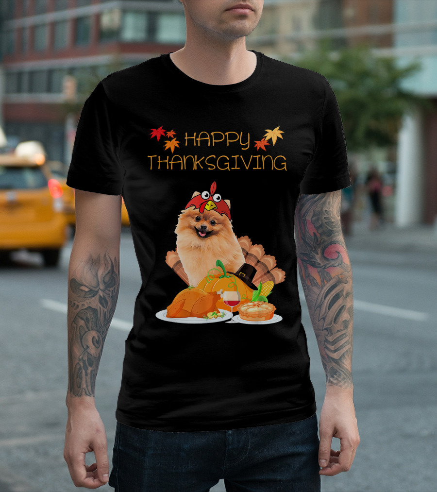 Pomeranian Happy Thanksgiving Turkey Hat Leaves Pumpkin Pie Turkey Feast T-Shirt