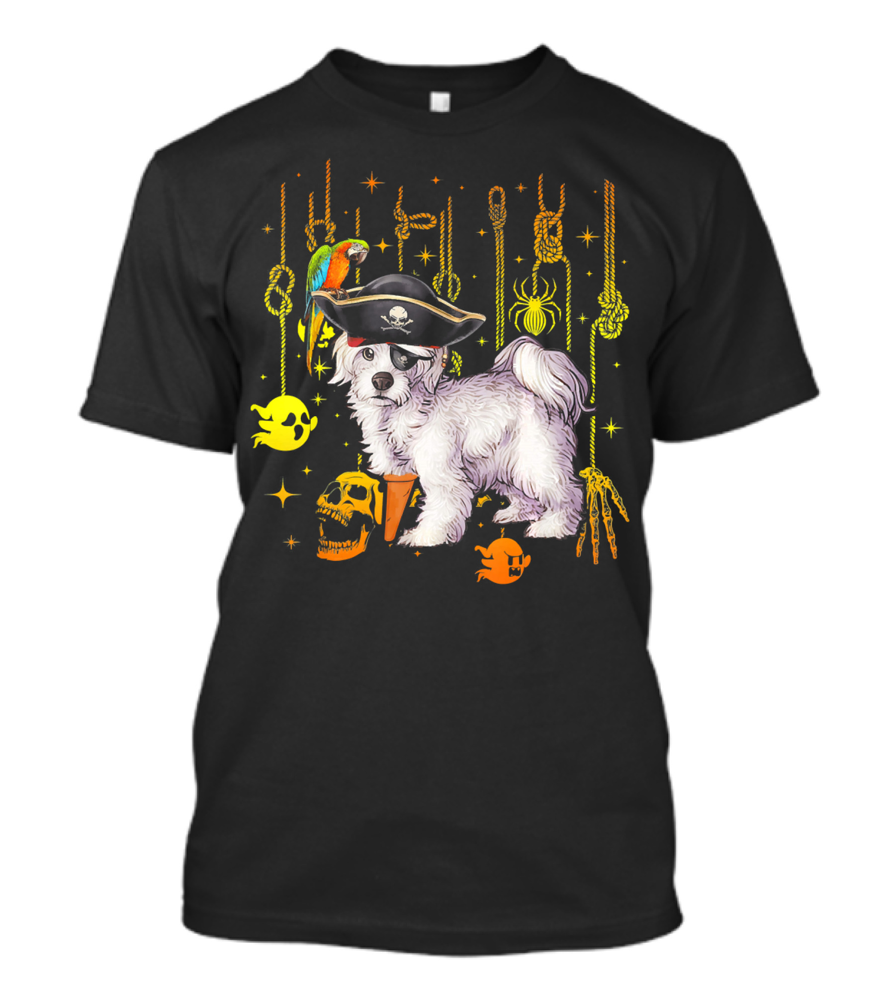 Maltese Pirate Halloween Dog Lovers Ghosts Skulls Parrot Spiders Ropes T-Shirt
