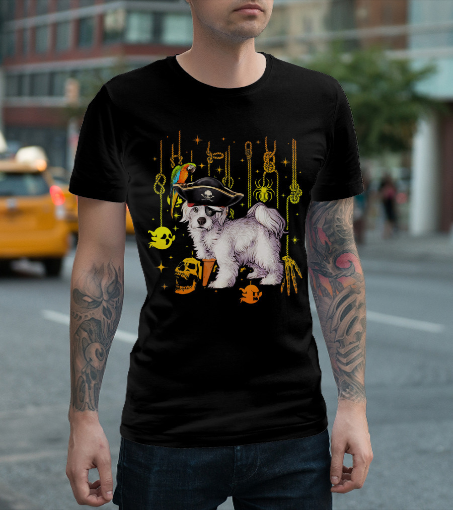 Maltese Pirate Halloween Dog Lovers Ghosts Skulls Parrot Spiders Ropes T-Shirt