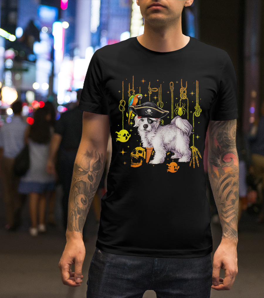 Maltese Pirate Halloween Dog Lovers Ghosts Skulls Parrot Spiders Ropes T-Shirt