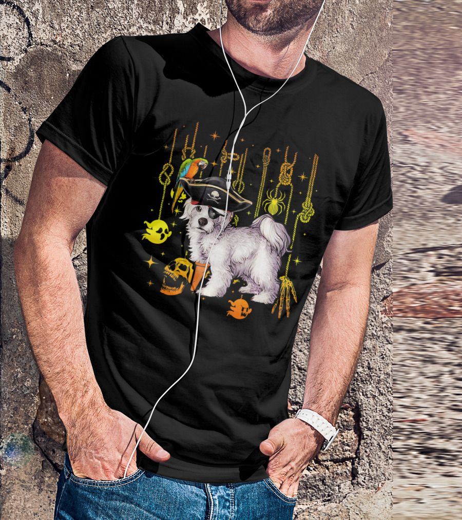 Maltese Pirate Halloween Dog Lovers Ghosts Skulls Parrot Spiders Ropes T-Shirt