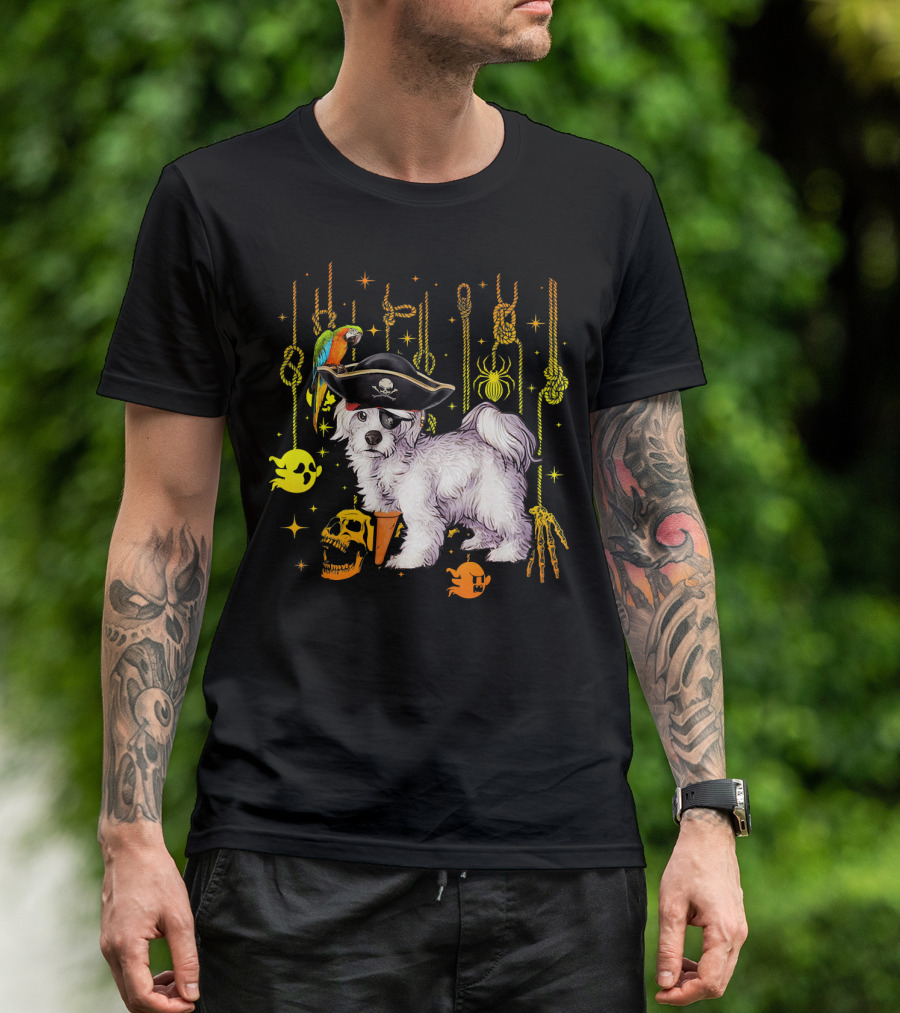 Maltese Pirate Halloween Dog Lovers Ghosts Skulls Parrot Spiders Ropes T-Shirt