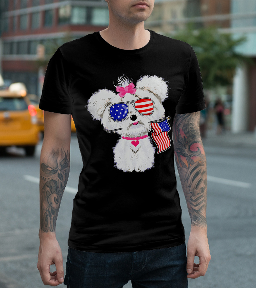 Maltese Dog With American Flag Sunglasses And Bow Patriotic 4th Of July T-Shirt