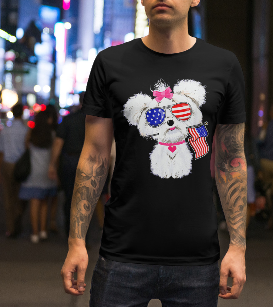 Maltese Dog With American Flag Sunglasses And Bow Patriotic 4th Of July T-Shirt
