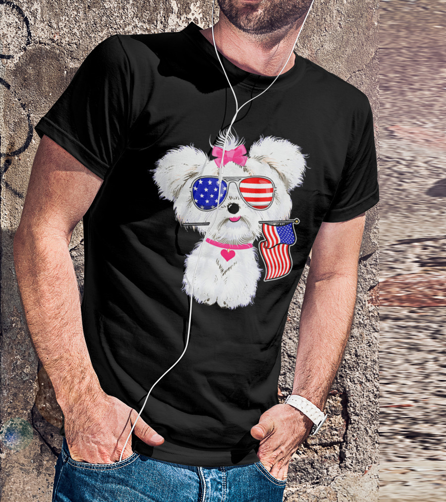Maltese Dog With American Flag Sunglasses And Bow Patriotic 4th Of July T-Shirt