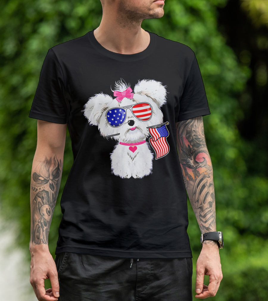 Maltese Dog With American Flag Sunglasses And Bow Patriotic 4th Of July T-Shirt