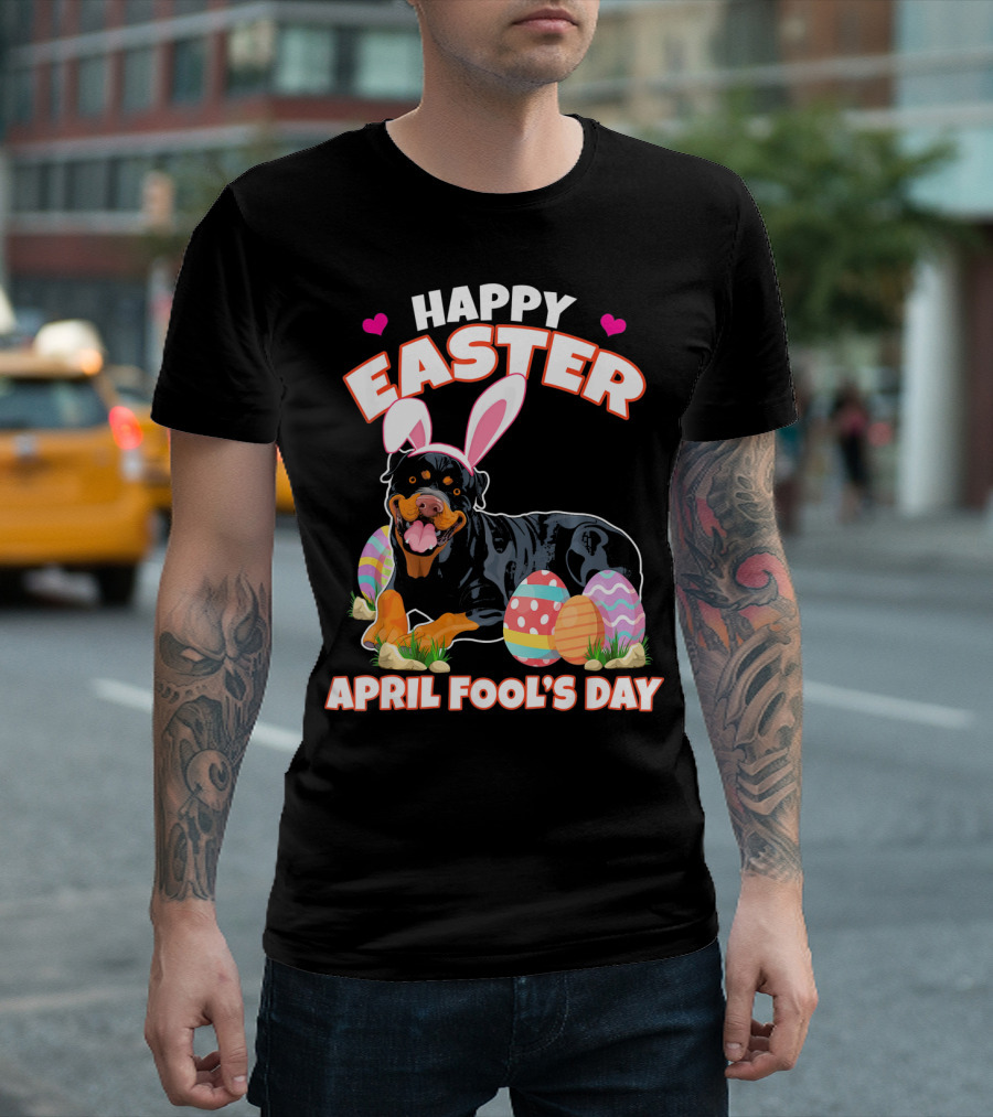 Happy Easter April Fool's Day Rottweiler Bunny Ears and Eggs T-Shirt