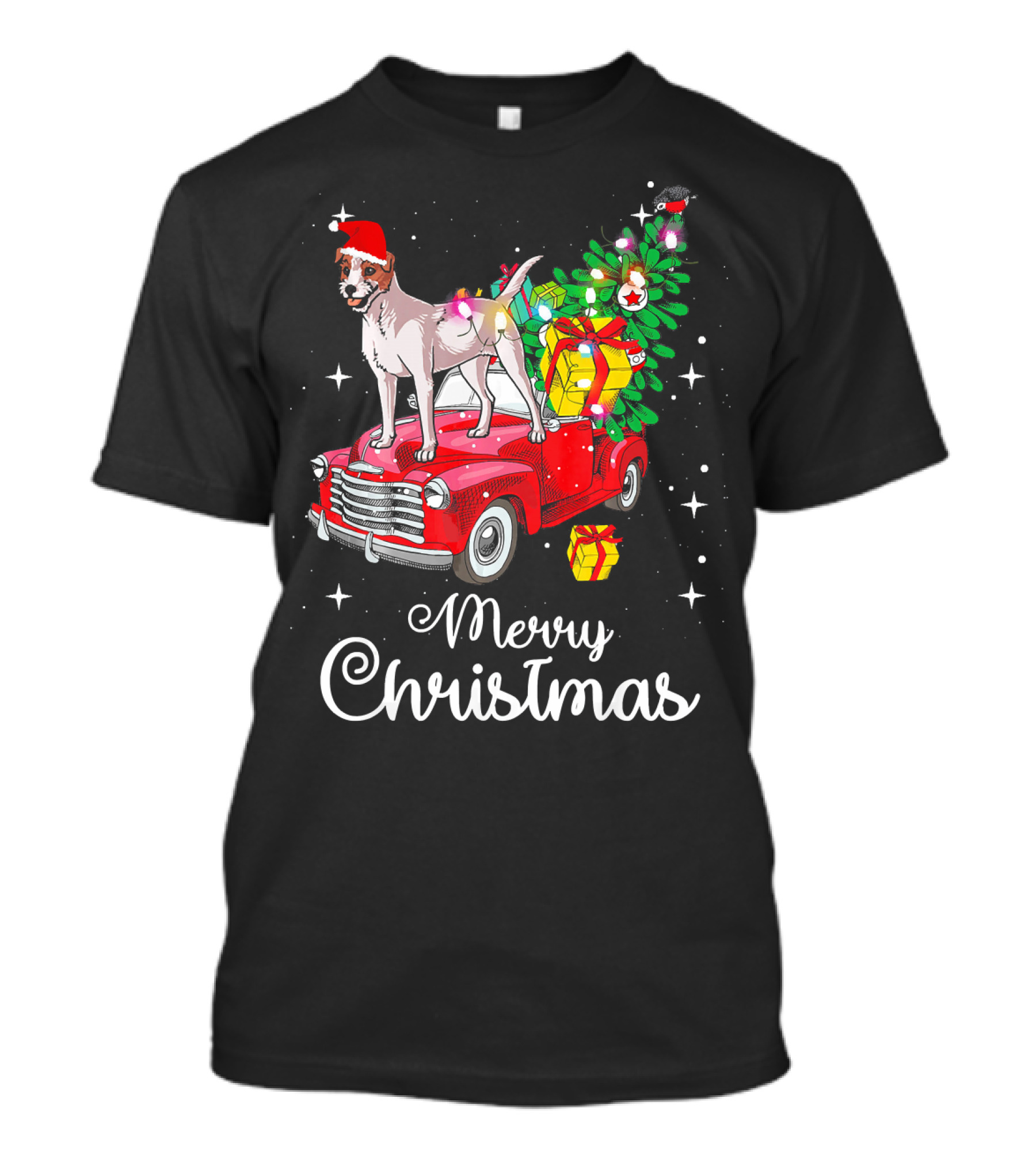 Merry Christmas Jack Russell Terrier Rides Red Truck With Presents T-Shirt