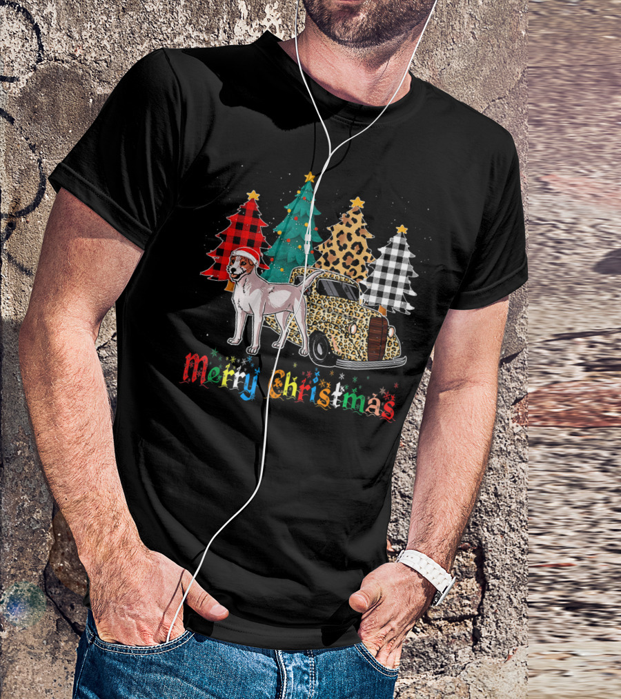 Merry Christmas Jack Russell Terrier Leopard Plaid Truck T-Shirt