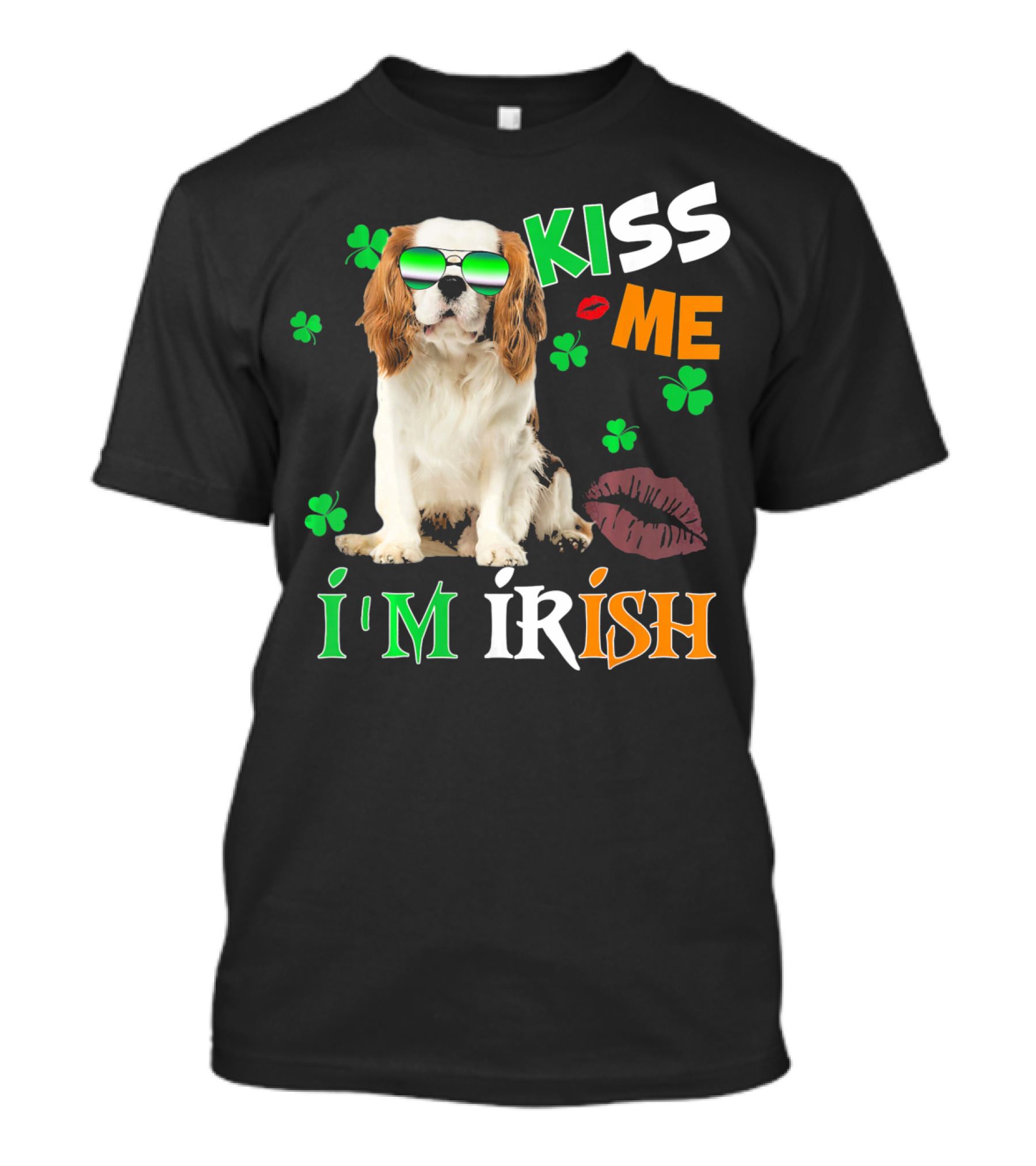 Kiss Me I'm Irish Cavalier Kin With Shamrocks And Sunglasses T-Shirt
