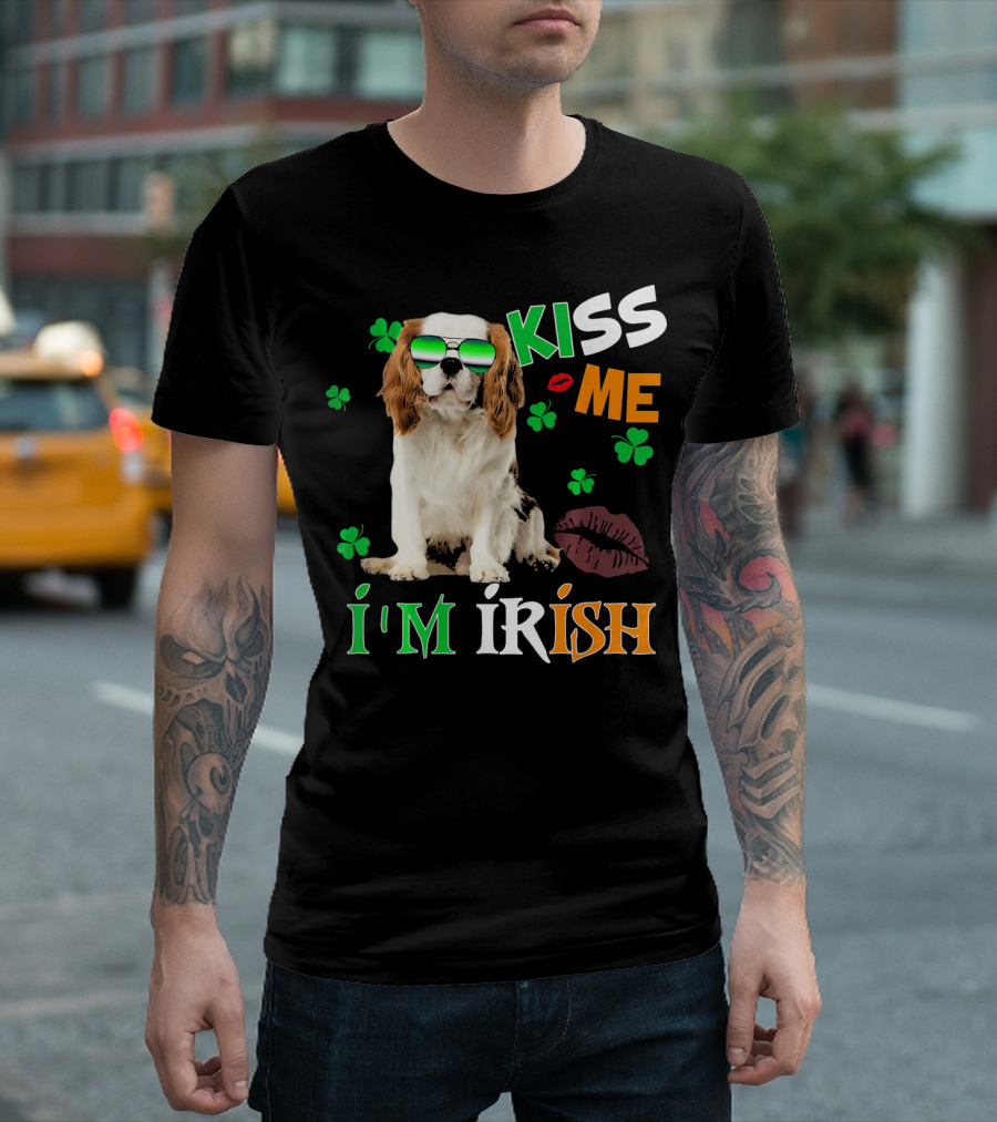 Kiss Me I'm Irish Cavalier Kin With Shamrocks And Sunglasses T-Shirt