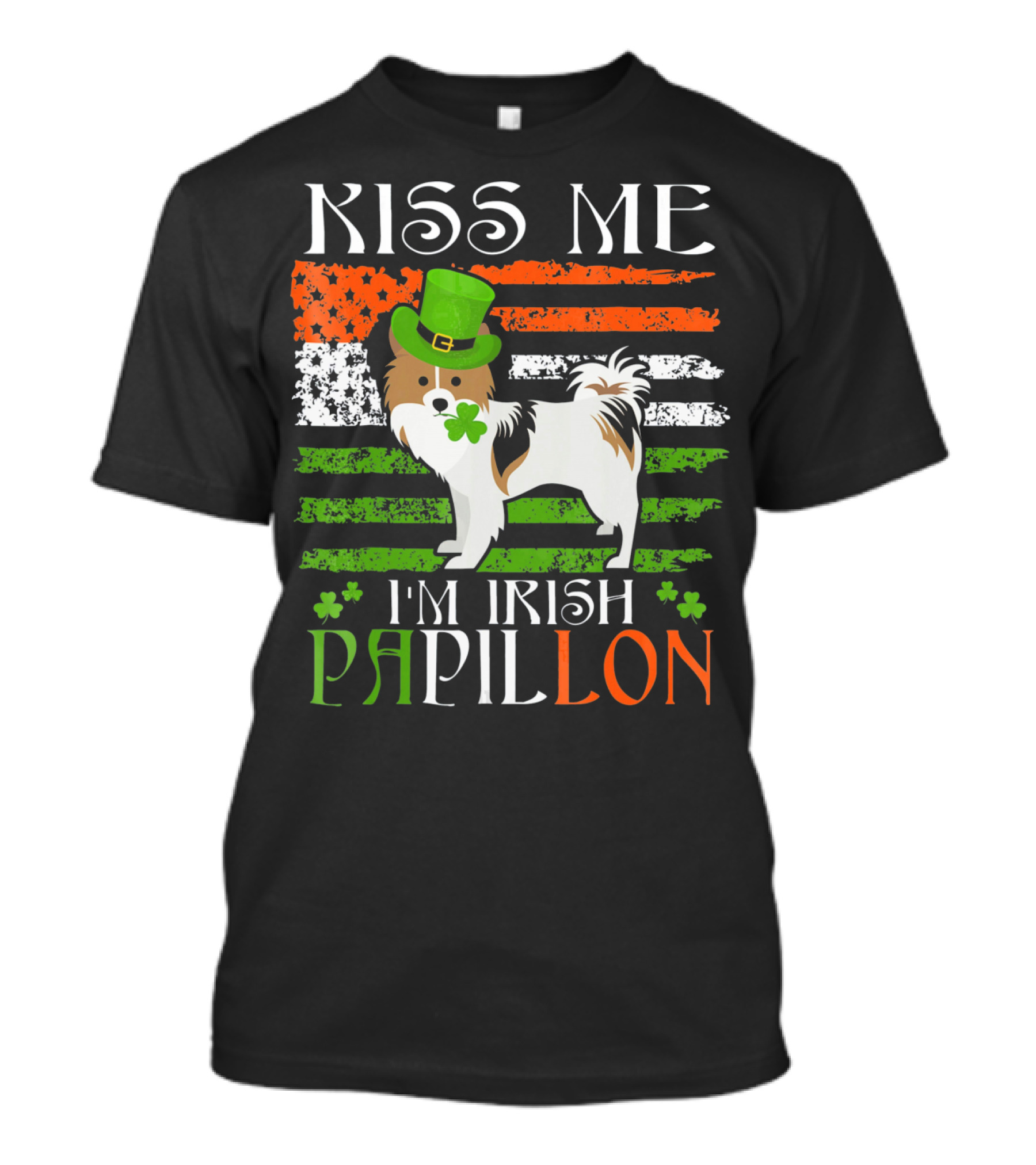 Kiss Me I'm Irish Papillon St Patrick's Day Dog Flag Hat Clover T-Shirt