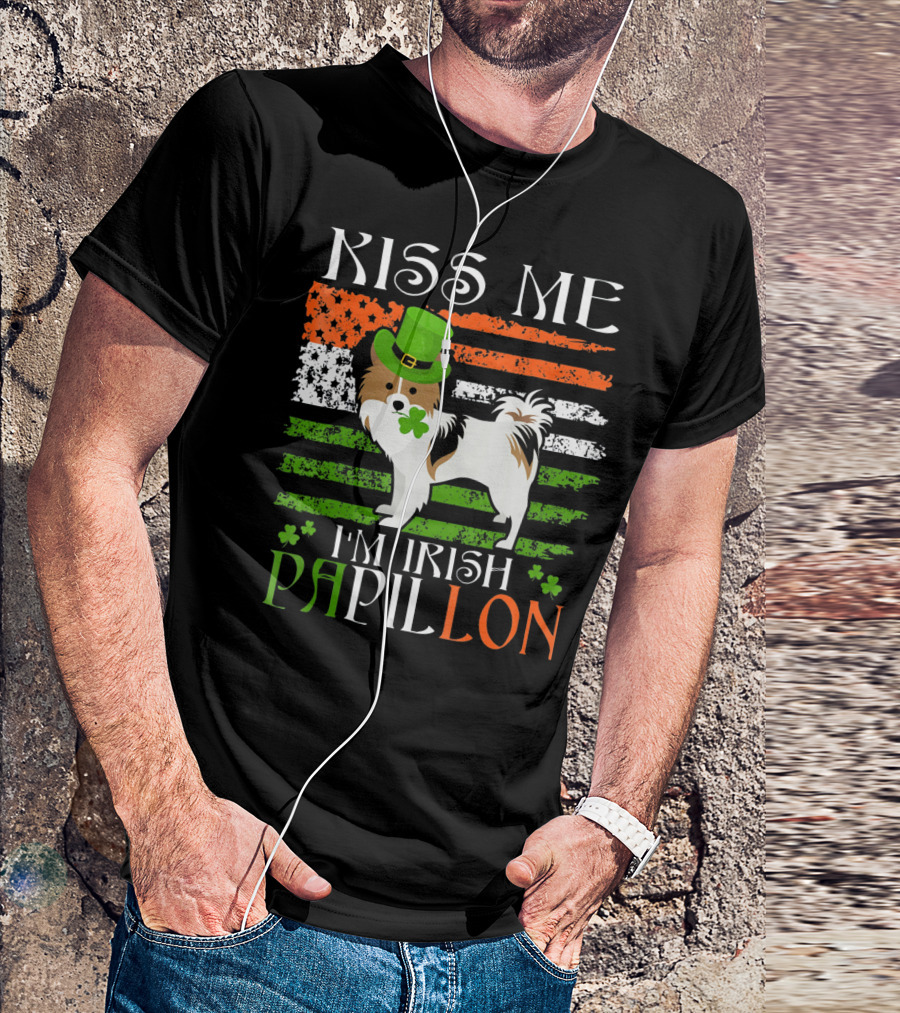 Kiss Me I'm Irish Papillon St Patrick's Day Dog Flag Hat Clover T-Shirt