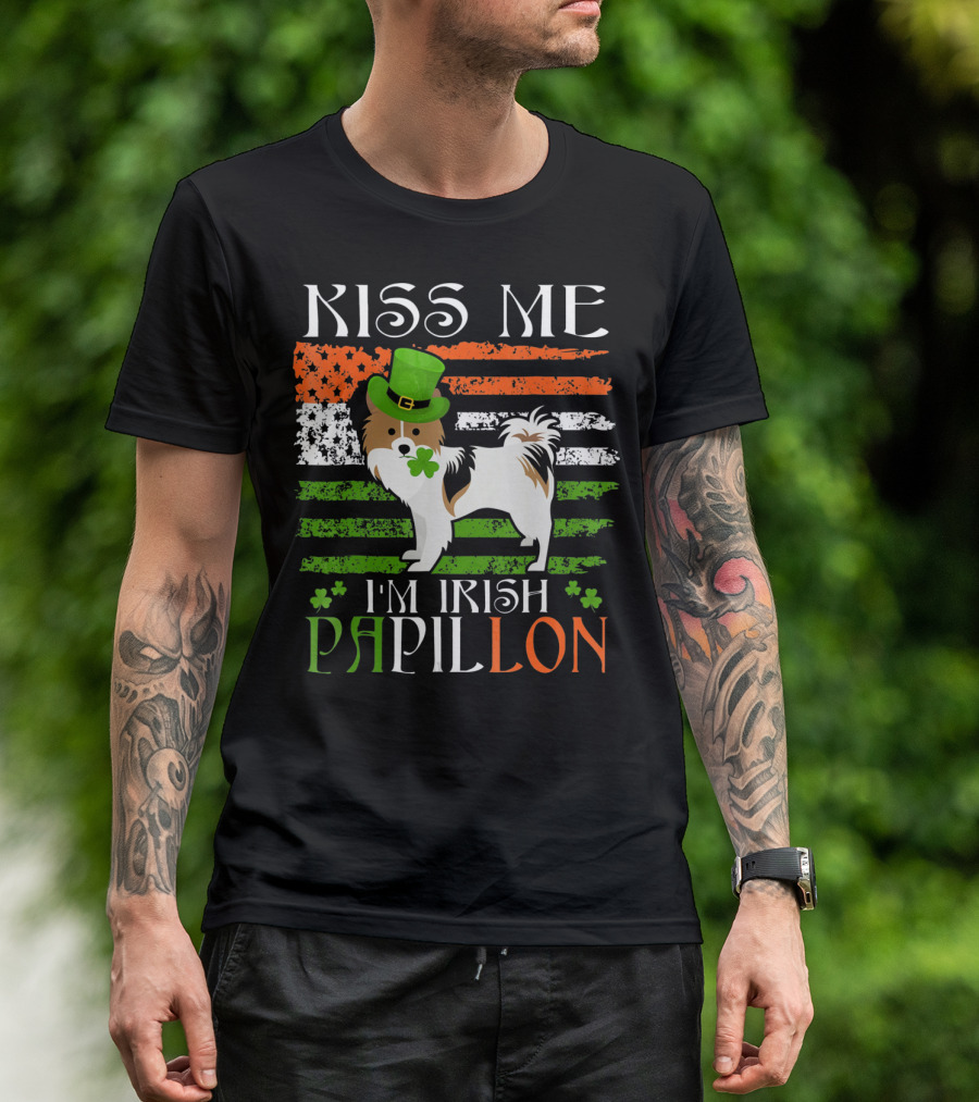 Kiss Me I'm Irish Papillon St Patrick's Day Dog Flag Hat Clover T-Shirt