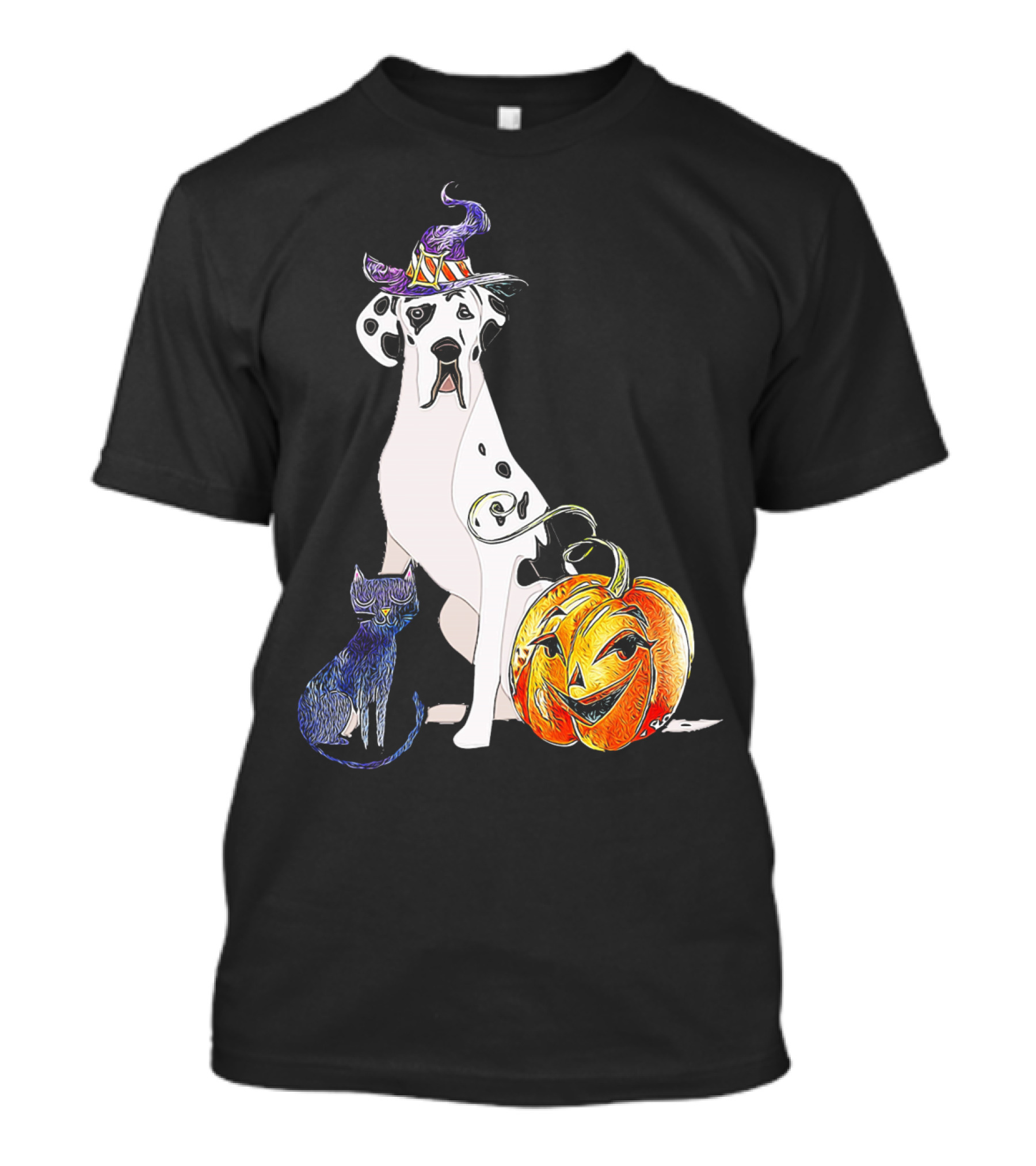 Great Dane Dog Halloween Witch Hat And Jack-O'-Lantern With Cat T-Shirt