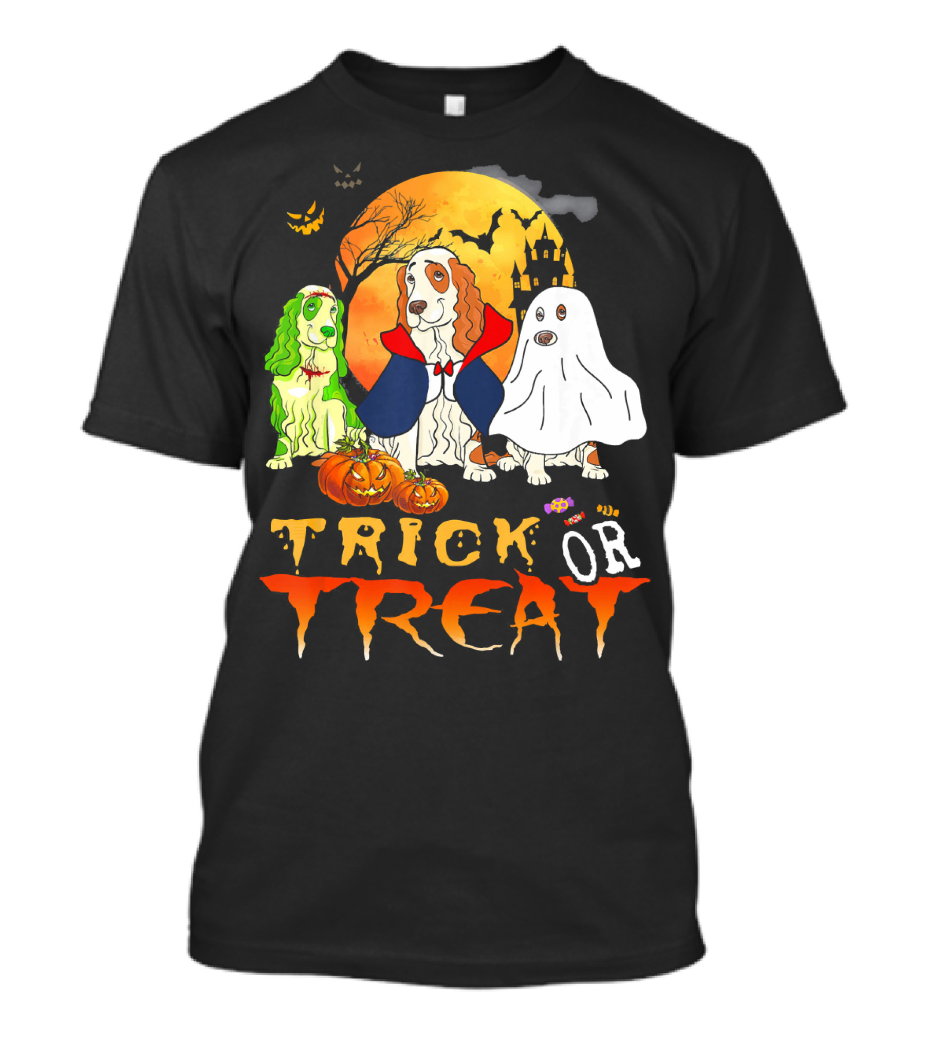 Cocker Spaniel Halloween Trick Or Treating With Pumpkins And Ghosts T-Shirt