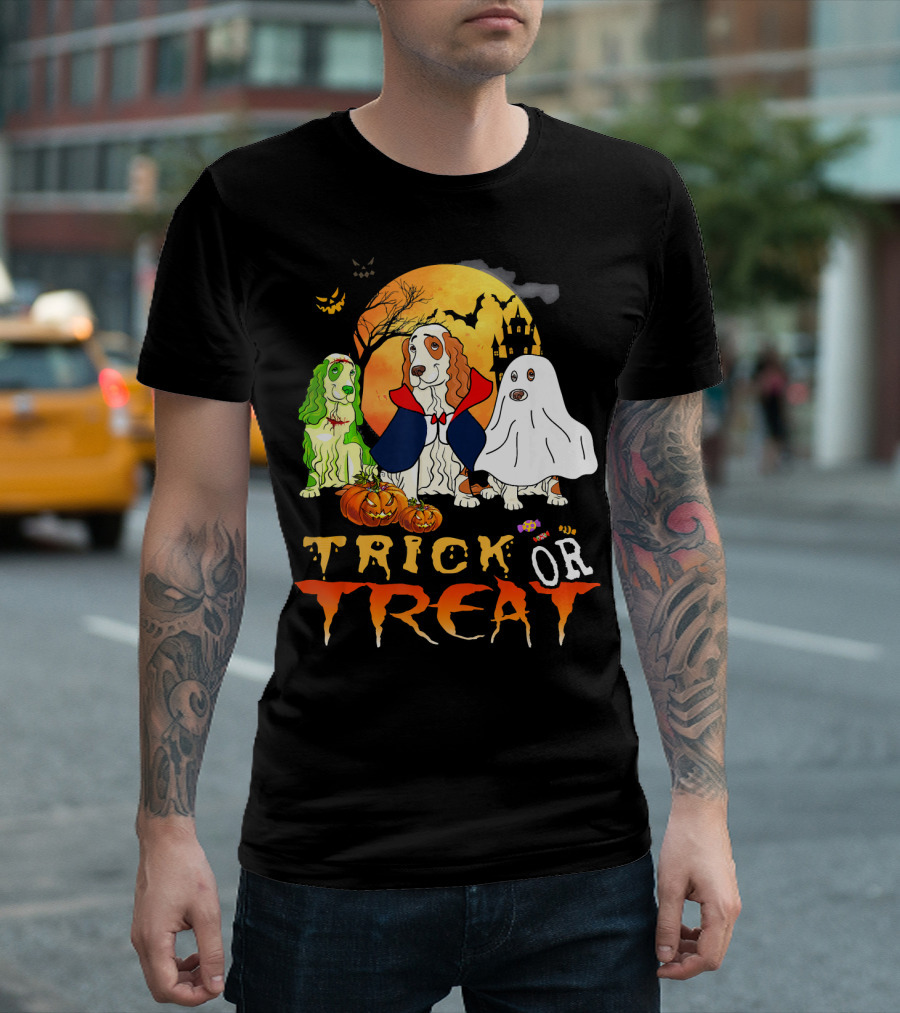 Cocker Spaniel Halloween Trick Or Treating With Pumpkins And Ghosts T-Shirt