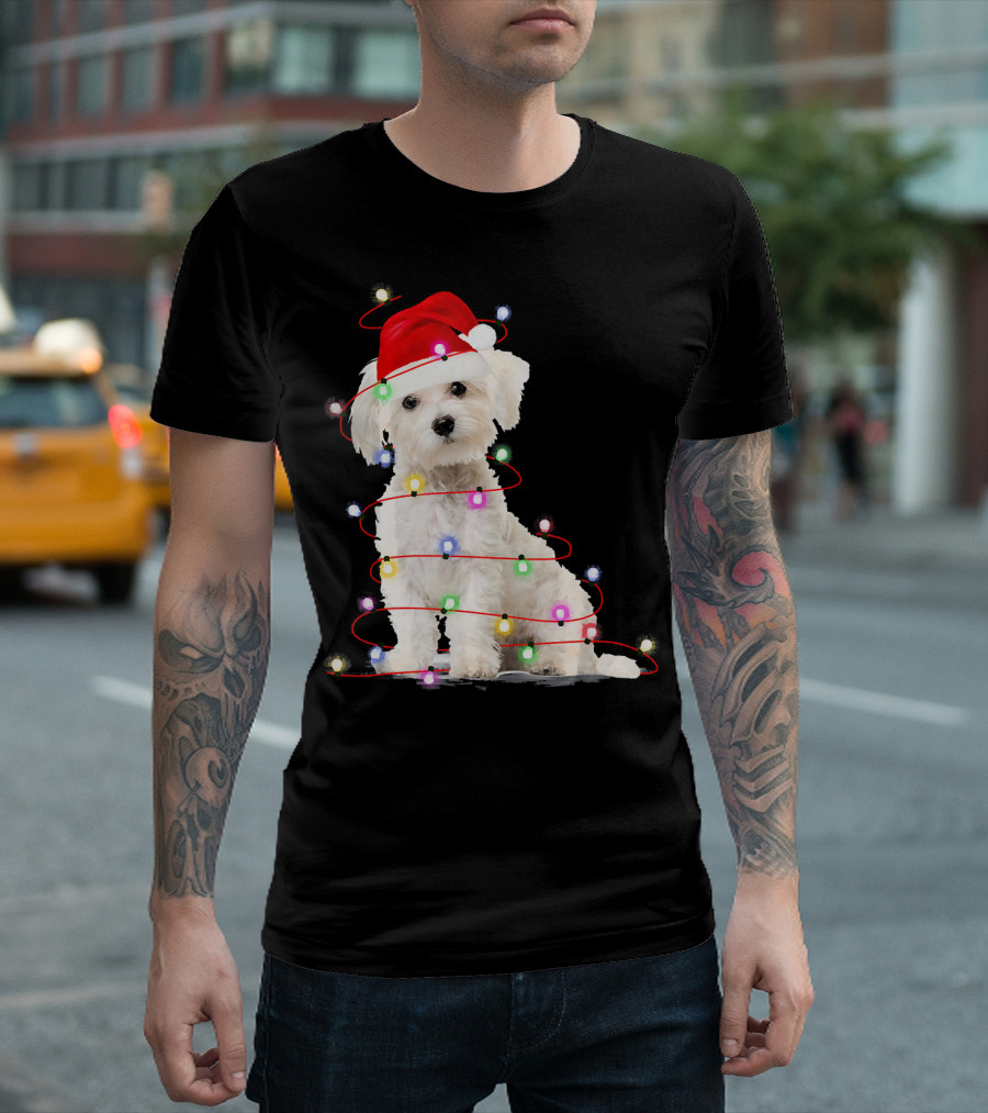 Maltese Christmas Santa Hat Wrapped in Festive Lights T-Shirt